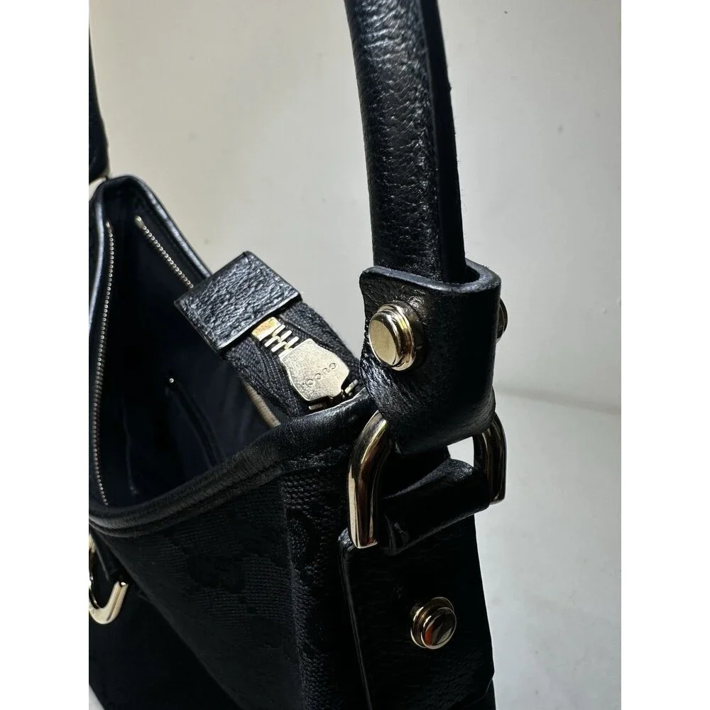 Gucci Vintage Abbey Hobo Bag Black GG Canvas Leather Trim D-Ring